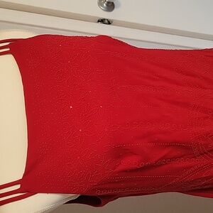 Elegant Red CDC Dress with Beaded Detail – Size 10